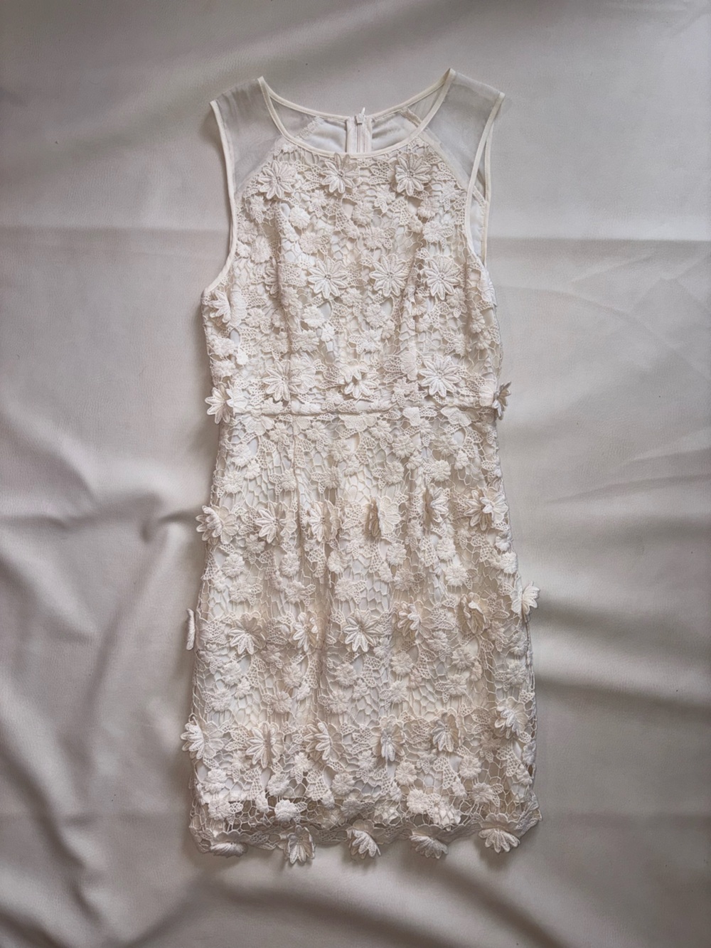 Floral Appliqué Dress in Cream Sheer shoulder